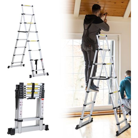 Randaco Échelle télescopique escabeau 2,3m argentée, pliante, multifonction, intérieur/extérieur, 150kg