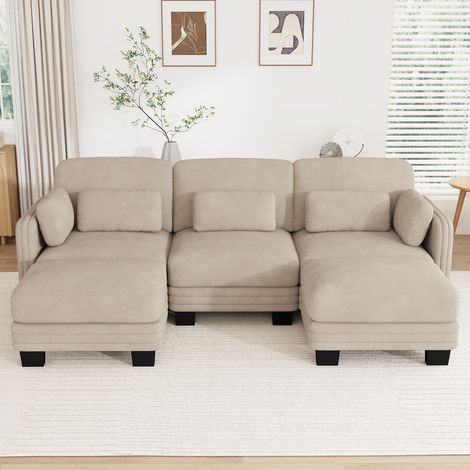 Canapé panoramique 3 places en chenille, canapé convertible modulable en U avec 2 poufs et coussins lombaires, pour salon et appartement, beige (1/5)
