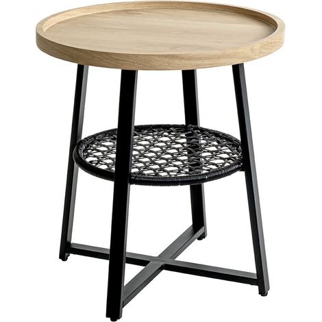 Table basse ronde avec étagère décor chêne naturel et métal noir – Diamètre 50 x Hauteur 55 cm (1/5)