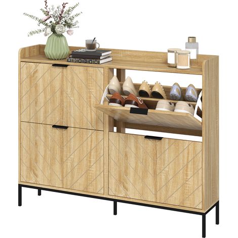 Schuhschrank für 16 Paar Schuhe, 4 Schubladen, Klapptüren, verstellbare Einlegeböden, 110 x 23,5 x 95,5 cm, Eiche