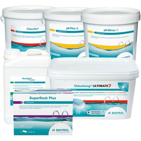 Bayrol – Pack 7 fonctions traitement eau piscine – Chlorilong 4,8kg, Choc 5kg, pH plus 5kg, pH minus 6kg, Anti-algues 3L, Floculant x8