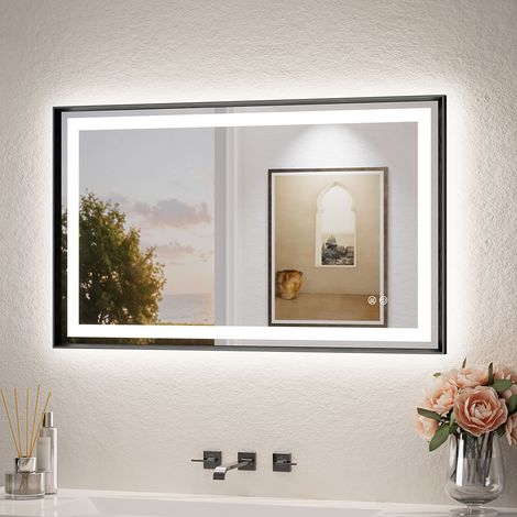 Keonjinn Badspiegel mit Beleuchtung, 100x60cm Schwarz Front- und Rücklicht LED Spiegel Bad mit Alurahmen 3 Lichtfarben dimmbar, Badezimmerspiegel Antibeschlag, Gehärtetes Glas, Memory, IP44