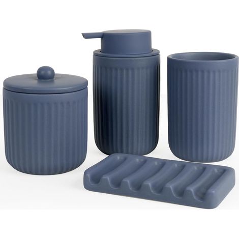 Lot de 4 accessoires de salle de bain en céramique - Bleu - Distributeur de savon de 350 ml - Gobelet à brosse à dents - Porte-savon et cotons-tiges - Accessoires de salle de bain (1/5)