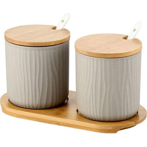 Ensemble de 2 pots à épices en céramique, sucrier, sucrier en céramique avec cuillère et couvercle en bambou pour le thé, le sucre, le sel, les épices, pour la maison et la cuisine (1/5)
