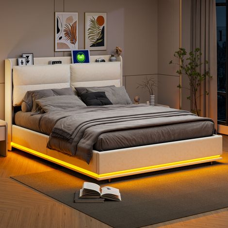 Lit coffre double adulte 160x200 cm avec rangement hydraulique, tête de lit avec rangement, éclairage LED, ports USB, velours beige