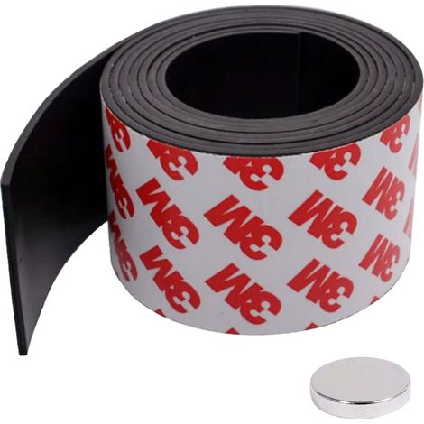 Magnetband mit 3M-Selbstklebekleber, Abmessungen: 100 cm / 40 mm / 2 mm + Neodym-Magnet 10 mm x 2 mm