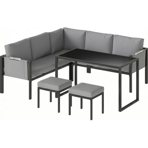 Canapé d'angle jardin extérieur 6 places coussins épais 10cm table haute et 2 poufs gris (1/5)