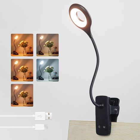 3W Lampe Pince USB Rechargeable, Type C Charge, 5 Couleur et 5 Intensité, Lampe Lecture Tactile sans Fil, Lampe de Bureau Clip on pour Enfants, Lampe de Lecture au Lit à Pince, Noire (1/5)