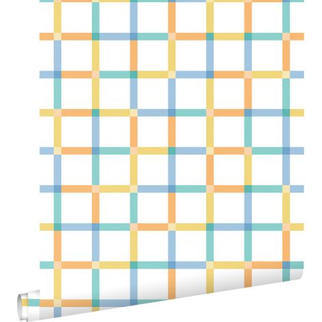 papier peint à damier orange, bleu et jaune  - ESTAhome