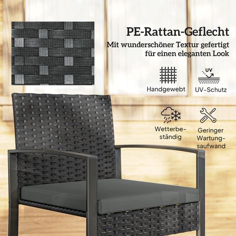 Canapé de jardin en rotin, ensemble bistro 3 pièces avec 2 chaises et table basse, coussins amovibles gris anthracite (1/4)