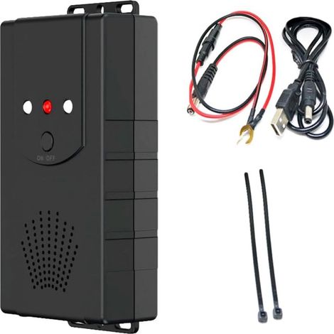 Répulsif Rongeurs - Ultrasons + Flash LED - Alimentation 12 V / USB / Piles AA - Pour Compartiment Moteur Voiture Camion Fourgon Entrepôt Garage - 1 Pièce