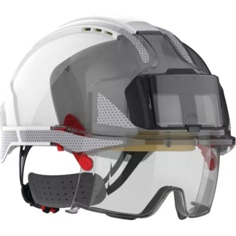 Casco da cantiere ventilato porta badge con sovraocchiali integrati e bande riflettenti EVO VISTAlens JSP SAFETY Bianco Unico