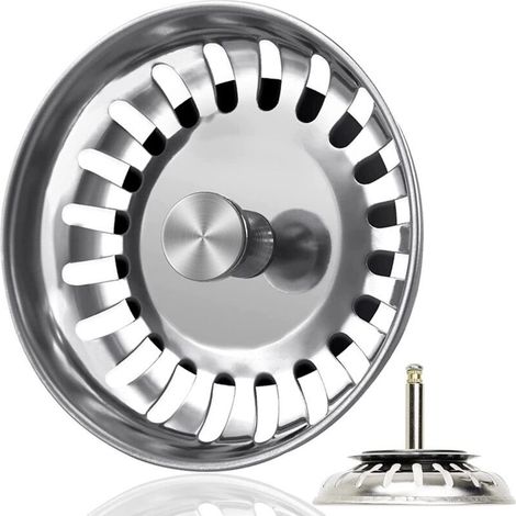 Bonde d'évier de 82 mm en acier inoxydable avec bouchon, panier de 56 à 75 mm de profondeur dans l'évacuation, tamis pour évier pour bonde d'évier pour commande excentrique (1/5)