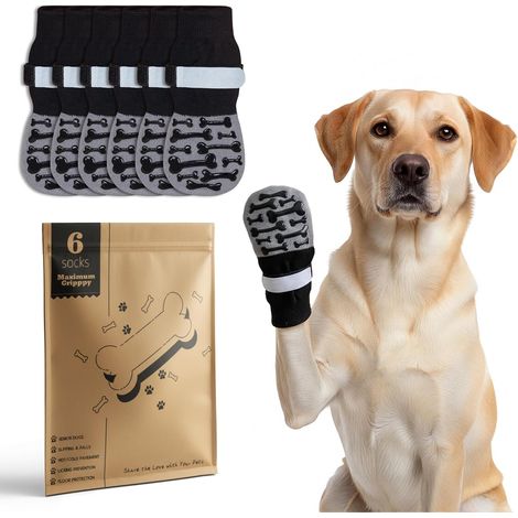 Chaussettes Antidérapantes pour Chien, 6 Paires, M  Protège les pattes sur parquet, asphalte chaud et neige. Gris Moderne. Ajustable. Pour grands chiens actifs. (1/5)