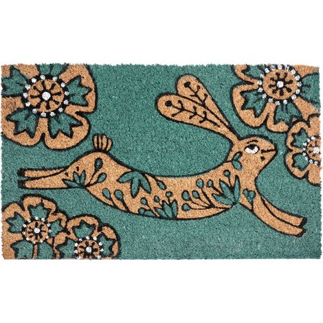 Paillasson Moderne en Fibre de Coco 45 x 75 cm Motif Lapin Antidérapant en PVC Intérieur Extérieur Bleu Sarcelle Clark