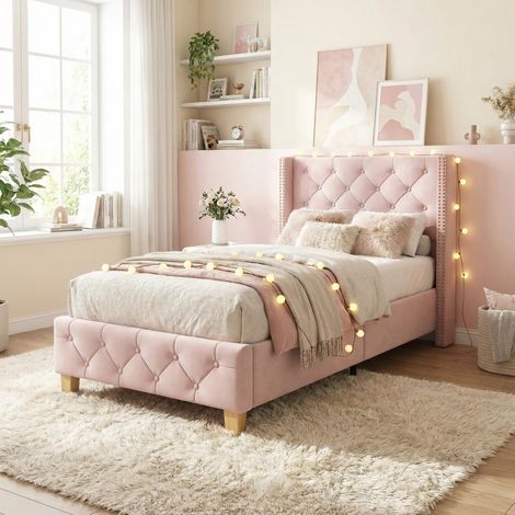 FurnitureR Pink Velvet Single Bed 90x190cm with Slatted Frame (1/5)