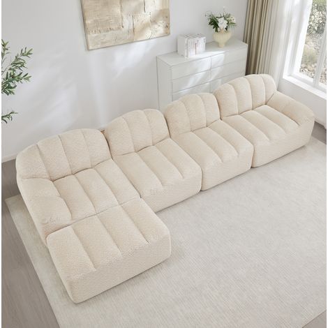 Sofa modulare 4 posti beige bianco in fleece granulato con chaise longue, seduta ampia e struttura senza telaio (1/5)