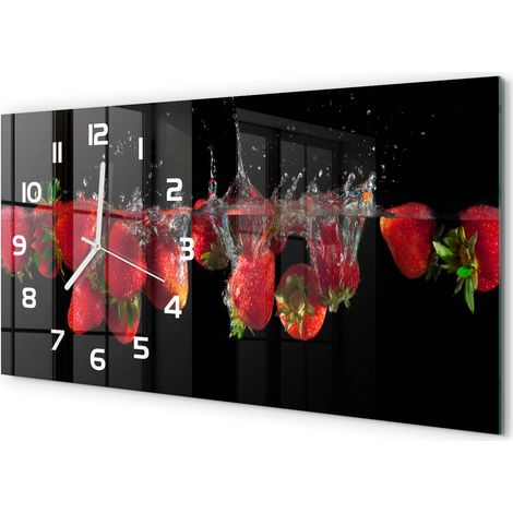 Horloge Murale Sans Tic-Tac 60x30 cm Verre Trempé Design Panoramique Fraises sous l'eau (1/5)