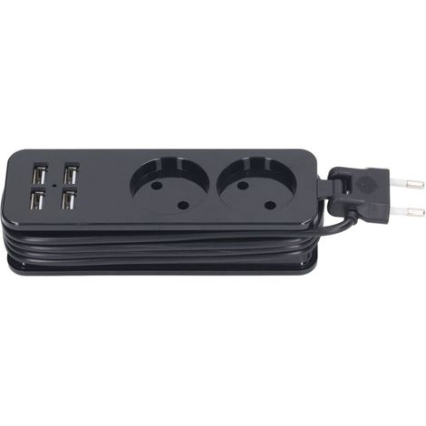 Multiprise USB 4 Ports avec 2 Prises Secteur 10A 250V, 1200W, Chargeur Rapide Noir pour Smartphone, PC, Adaptateur Europe (1/5)