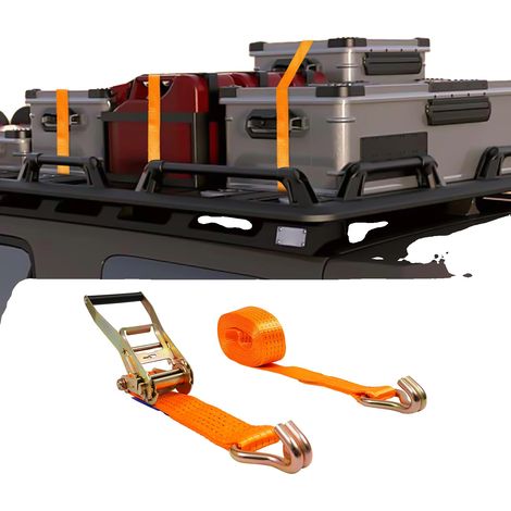 Correas de sujeción de alta resistencia, capacidad de carga de 5000 kg, 6 m de longitud, ganchos de acero en forma de S, poliéster de alta resistencia, color naranja de alta visibilidad. (1/5)