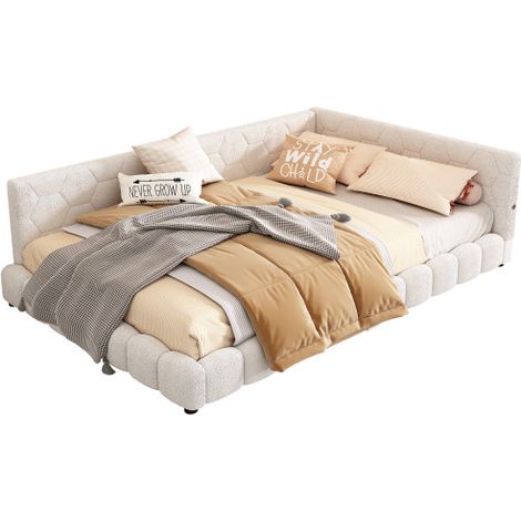 Divano letto 140x200 cm bianco con luce LED ambientale a 16 colori, porta USB e Type-C, rete a doghe, per camera moderna CHICFURN (1/5)