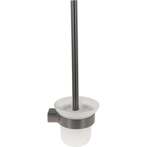 Cleafe - Porta Scopino Con Bicchiere Vetro Satinato A Parete Stilizzato Acciaio Grigio Bagno 87945 - (1/2)
