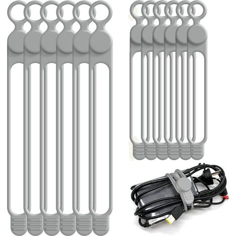 Lot de 12 serre-câbles en silicone (10 cm et 18 cm) – Gestion des câbles réutilisable pour la maison, le bureau, la cuisine, l'école et les voyages – Gris (1/5)