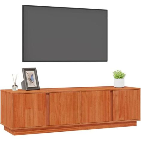 Meuble TV en Bois Massif de Pin 140x40x40 cm, Console Basse Style Rustique avec Finition Cire Brune pour Salon (1/5)