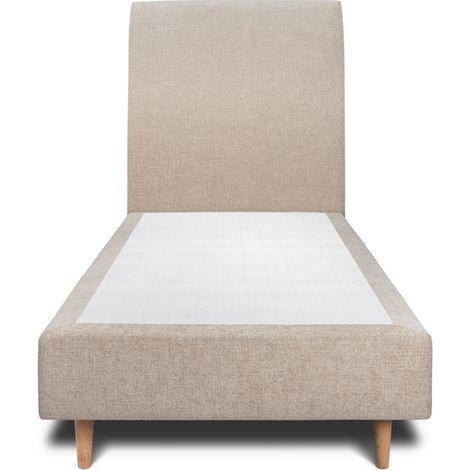 Lit 90x190cm avec tête de lit tapissier tissu et sommier tapissier beige brun - Hauteur totale : 35cm (1/4)