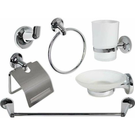 TRADE SHOP - Set Bagno Moderno In Acciaio Cromato E Vetro Satinato 6 Pezzi Arredo Bagno 69984 -