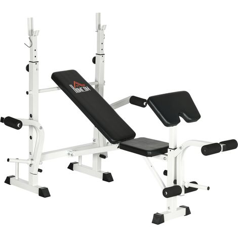 Banc de musculation multifonction avec presse jambes, support haltères et repose-bras réglable noir et blanc (1/5)