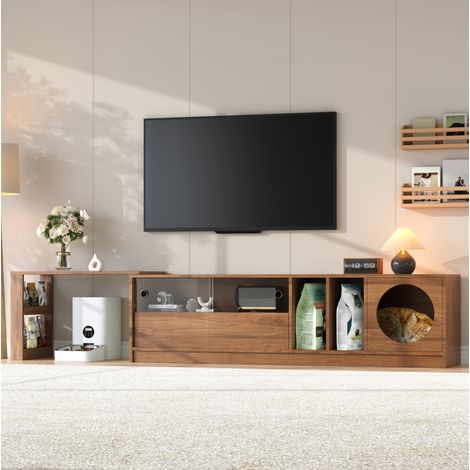 Mueble para TV de MDF y vidrio templado color nogal, giratorio y extensible, 180-260 x 40 x 50 cm, con espacio para gato (1/5)