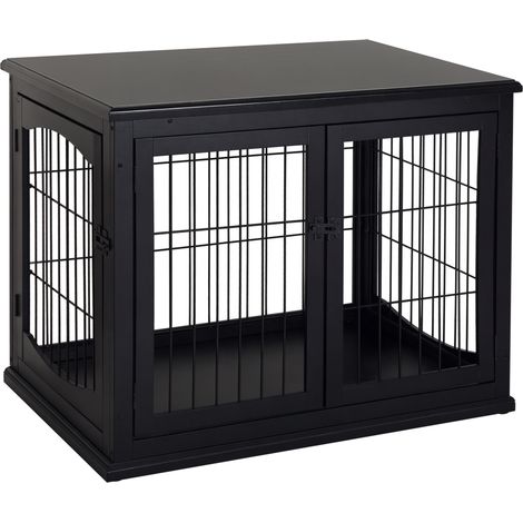 Cage Chien Intérieur Bois MDF 3 Portes Verrouillables 81x58x66H cm Adapté jusqu'à 30Kg Noir