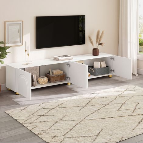 REDOM - Meuble TV 180x35x40 cm, 4 portes à relief en arc, grand espace de rangement, MDF et panneaux de particules, blanc (1/5)