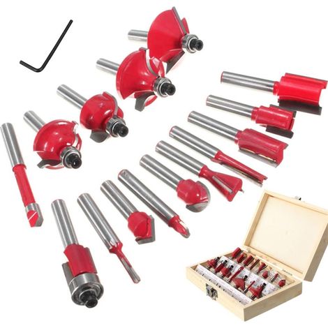 15pcs 6.35mm Tige Fraises à Défoncer Kit Coffret Fraise pour Defonceuse en Carbure de Tungstène Outil de Travail du Bois de Carbure de Profil (1/5)