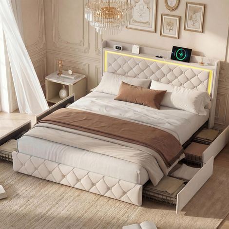 Lit avec tiroirs 140x190 cm - Lit double capitonné avec 4 tiroirs de rangement, LED réglable, USB et Type-C - Velours - Beige