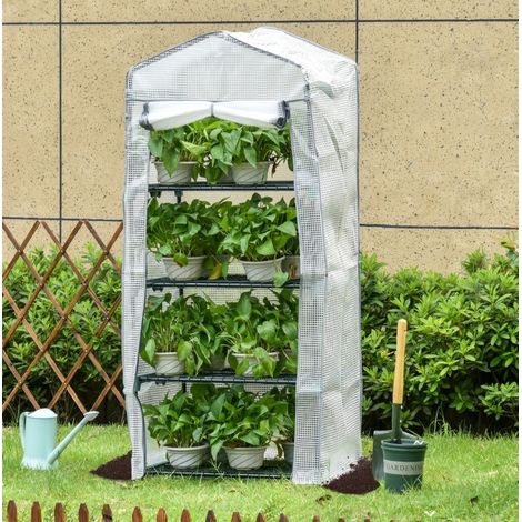 Mini serra da giardino con 4 ripiani e porta avvolgibile, 70 x 50 x 160 cm, bianca DESVIAE (1/5)