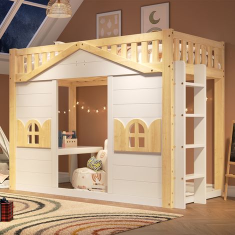 Lit cabane superposé enfant en pin 90x200 cm, avec fenêtre, échelle réversible et espace inférieur modulable, Blanc et Naturel (1/4)