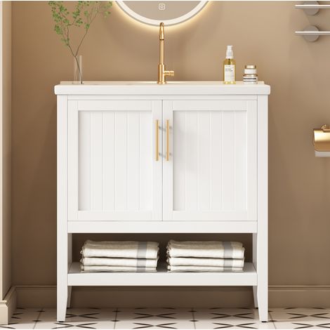 Mobile da bagno con lavabo in ceramica 80 cm bianco MDF (1/5)