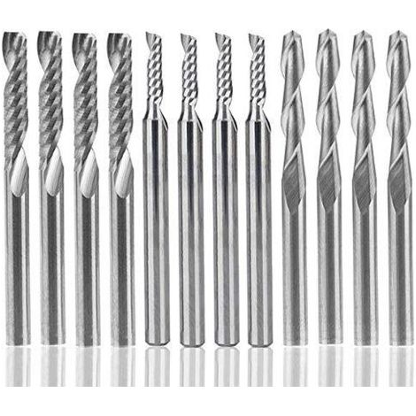 Juego de 12 fresas de carburo de tungsteno, 4 brocas CNC de doble flauta de 1/8" + 8 fresas de una sola flauta (2 tamaños) para resina, ABS, acrílico, PVC, MDF y madera.