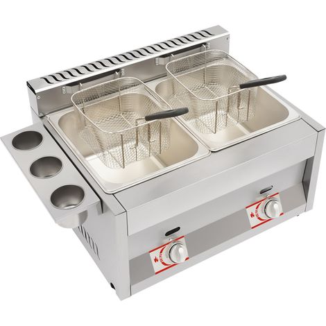 Friteuse à gaz avec 2 paniers de 6 litres et couvercle, friteuse professionnelle, friteuse professionnelle en acier inoxydable à double cuve avec tube métallique pour cuisine domestique (1/5)