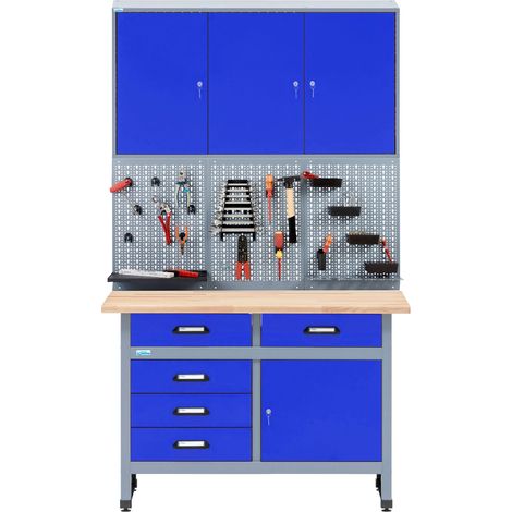 Kupper – Établi avec panneau perforé 704247 – Dimensions 120 x 60 x 84 cm – 5 tiroirs et 1 porte – Pour rangement outils optimisé