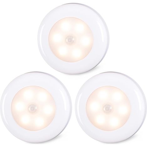 Lot de 3 lampes à détecteur de mouvement pour l’intérieur, à coller, fonctionnement à piles, lumière LED sans fil pour armoire, escaliers, placard