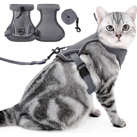 Harnais et de Laisse pour Chat (Gris, S) - Gilet pour Chat Réglable Anti-évasion avec Bandes Réfléchissantes, Contrôle Facile et Marche en Toute Sécurité pour Chats Collier de Chaton de Voyage (1/5)