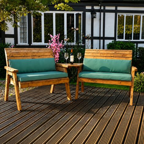 4 Seater Wooden Furniture Set with 2 Benches, Angled Tray & Green Cushions (1/5)