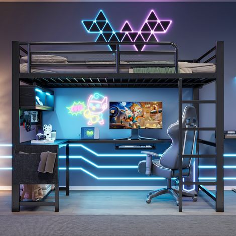 Lit mezzanine gaming 140x200cm avec bureau et plateau clavier,LED 7 couleurs,station de charge 2 prises et 2 USB,métal et MDF,noir (1/5)