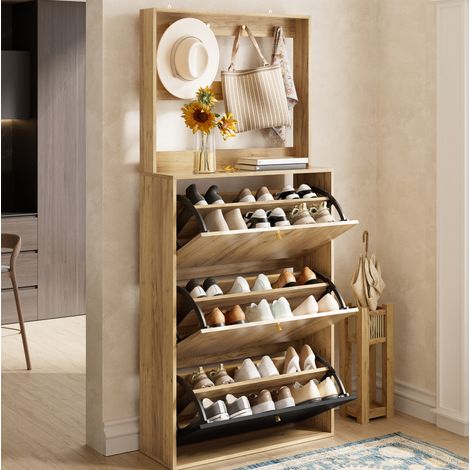 Meuble chaussures 3 abattants 75x24x180 noir bois OKMYHOME (1/5)