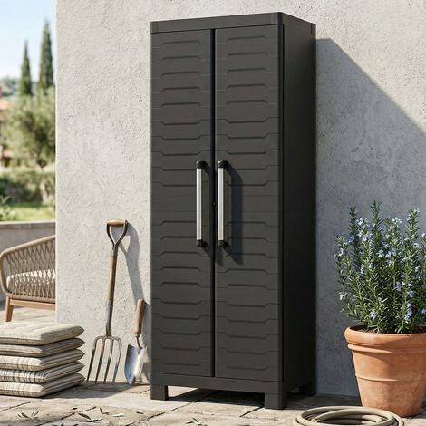 Dmora - Gartenschrank Terrebonne, Gartenmöbel, Mehrzweck-Gartenschrank, Container für Balkon oder Garage, Made in Italy, 65x45 h182 cm, Schwarz