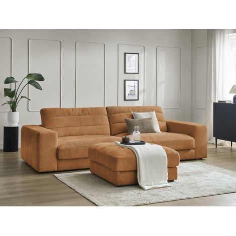 BOBOCHIC - Canapé droit fixe 3 places SIERRA tissu texturé avec pouf Orange (1/5)