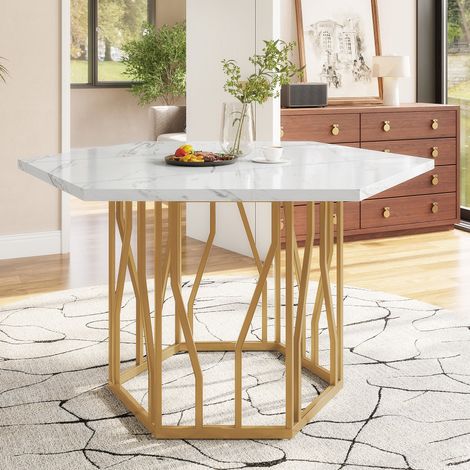 Mesa de comedor 115,5x100x75 cm en blanco/oro con diseño hexagonal y estructura metálica (1/5)